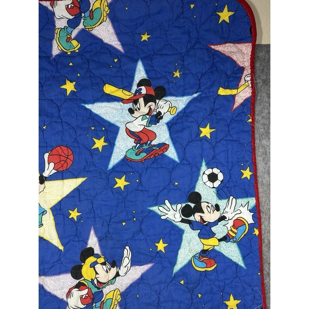Vintage Disney Mickey Mouse Sports Quilted Crib Blanket 52x39 Blue Stars